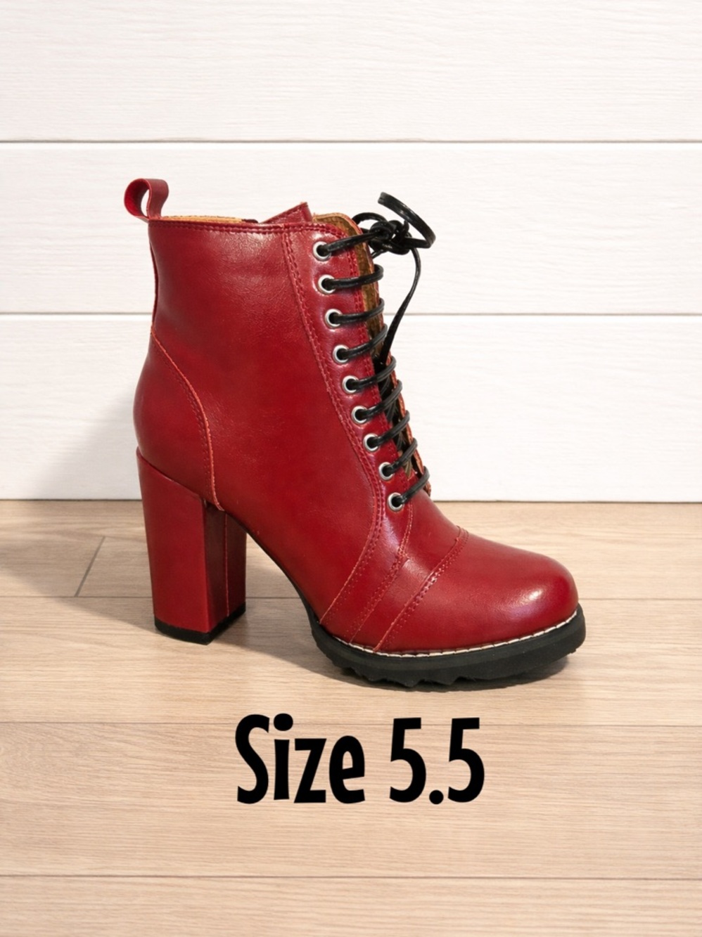 NIB Chase + Chloe Red Lace-Up Ankle Boots ❤️ Block Heel Combat Style Size 5.5
